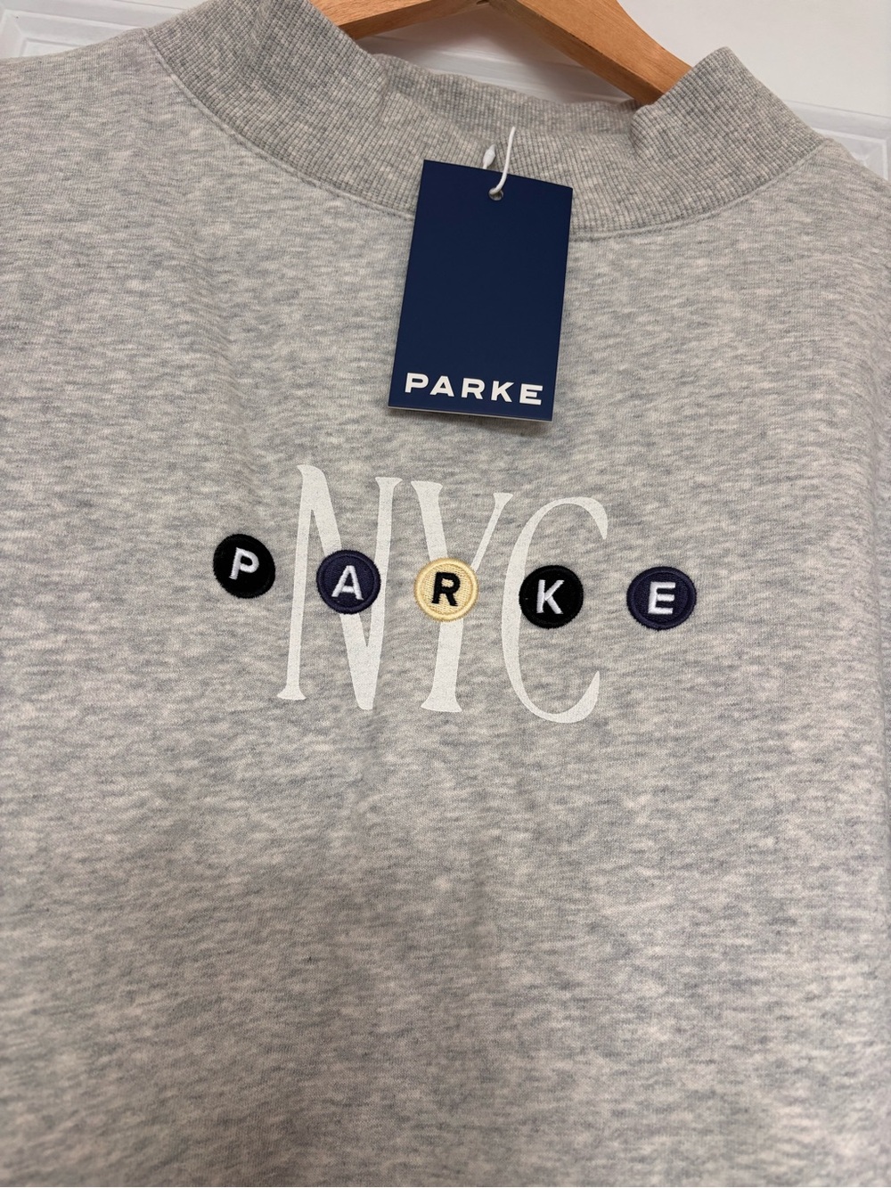 Parke NYC Pop Up Gray Subway Letters NYC Mockneck Sweatshirt S/M NEW 2026